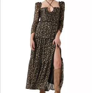 ASTR the Label Printed Love-Struck Smocked-Back Slit-Front Keyhole Dress